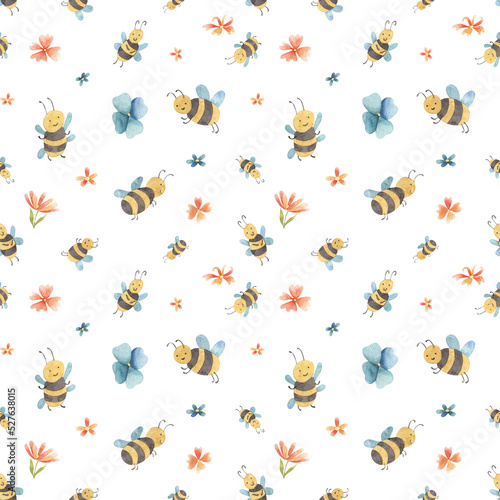 Watercolor seamless pattern with summer elements  sanny background with flowers  cute bees