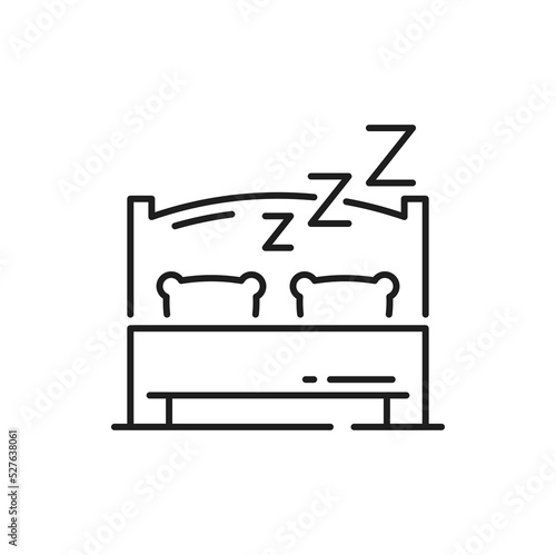 Double bed isolated sleep sign outline icon. Vector sleeping shelter, hotel or motel symbol. Bedroom or room for sleep with two pillows and blanket, insomnia disorder, sleepless and zzz symbol