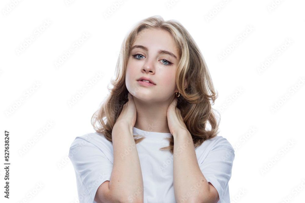 Cute sensual Teen girl in a white T-shirt. Tranquility and serenity. Isolated on white background. Close-up. Cute sensual Teen girl in a white T-shirt. Tranquility and serenity. Isolated on white background. Close-up.