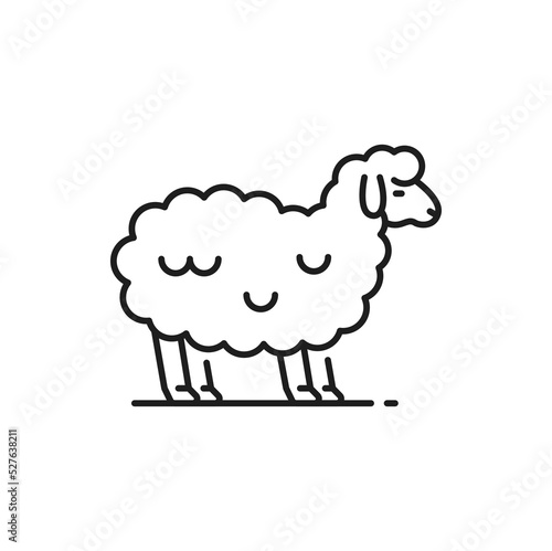 Sheep counting for sleep isolated thin line icon. Vector cute funny sleeping sweet sheep line art, symbol of wool and cosy bedding. Rural domestic animal profile, sleepless insomnia funny sheep sign