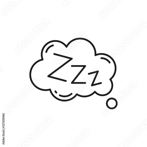 Comic bubble with zzz sleeping sign isolated line art icon. Vector zzz text on bubble in shape of cloud, sleeping and bedtime thin line design element. Slumber symbol, cartoon hibernation and relax
