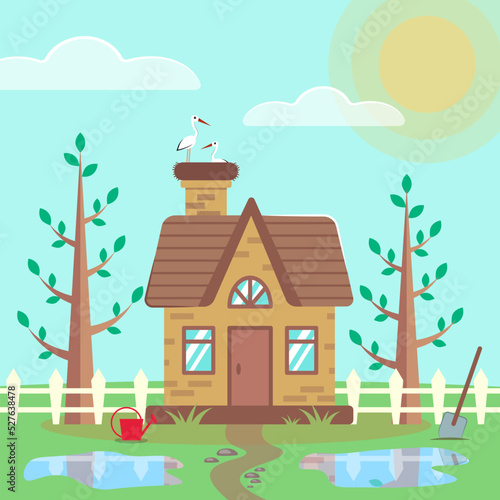Small country house. Spring time. House, trees, fence, watering can, shovel and puddles on the ground. Stork nest on the roof. Little cozy cottage vector illustration. Rural landscape. 