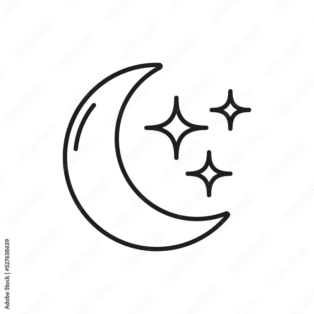 Moon and stars, time to sleep, evening or overnight thin line icon. Vector moonlight and goodnight, bedtime outline symbol. Night hours, sleeping and rest time, insomnia and crescent moon Moon and stars, time to sleep, evening or overnight thin line icon. Vector moonlight and goodnight, bedtime outline symbol. Night hours, sleeping and rest time, insomnia and crescent moon