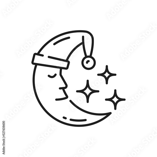 Crescent moon in night hat and stars isolated thin line icon. Vector sleeping moon face, moonlight and bedtime, creative goodnight symbol. Winter sky and dreaming baby moon, line art for web design