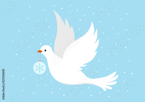 Dove with christmas ormanent isolated on white background. Cute pigeon flying bird with xmas ball decorated with snowflake sign. Flat design simple style vector illustration.