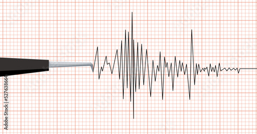 Earthquake seismic waves on seismograph graph paper. Vibration measurement recording chart . Polygraph lie detector diagram test record. Audio wave, wind or tempetature graph. Vector illustration. photo