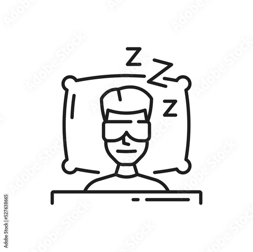 Time to sleep, man in face mask in bed on pillow under blanket isolated outline icon. Vector man sleeps sleeping shelter, hotel or motel symbol. Bedroom or room for sleep, insomnia disorder, dreamtime