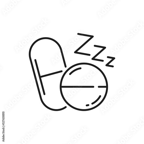Insomnia pills and zzz or slumber sign, dose drug melatonin and sleep sound letters isolated outline icon. Vector zzz text, sleeping, rest and bedtime and sleep time, hibernation and relax medicament