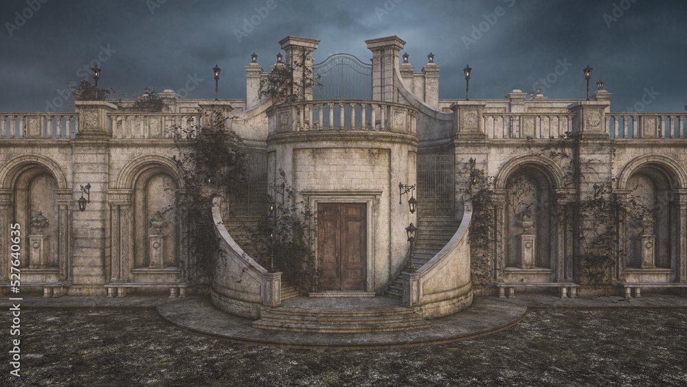 Fototapeta premium Dark moody old ivy clad stone mausoleum building under stormy grey sky. 3D illustration.