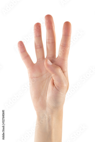 Female Hand is Making Number Four Sign on White Background
