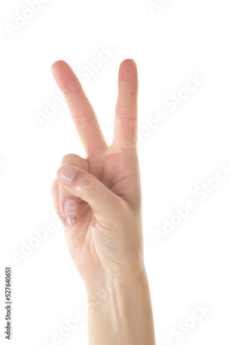 Female Hand is Making Number Two Sign on White Background