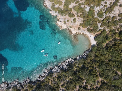 Aerial view of Potocnica  Lun and Novalja in island of Pag  archipelago of Croatia. Panoramic drone view of waterfront  idyllic and turquoise sea in Novalja  Adriatic Sea in Dalmatia region. 