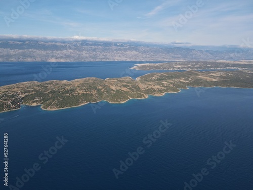 Aerial view of Potocnica  Lun and Novalja in island of Pag  archipelago of Croatia. Panoramic drone view of waterfront  idyllic and turquoise sea in Novalja  Adriatic Sea in Dalmatia region. 