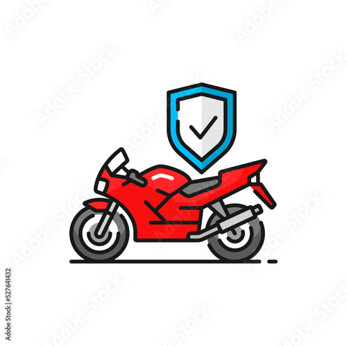 Insurance motorcycle color outline icon, moto safety concept. Vector motorbike and protective shield. Fast motorbike, insurance service company sign