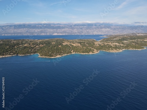 Aerial view of Potocnica, Lun and Novalja in island of Pag, archipelago of Croatia. Panoramic drone view of waterfront, idyllic and turquoise sea in Novalja, Adriatic Sea in Dalmatia region. 