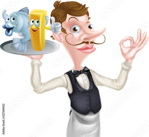 Cartoon Waiter Fish and Chi...