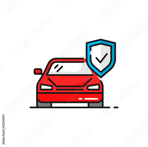 Auto insurance and safety shield isolated outline color icon. Vector transport insurance, risk coverage sign. Vehicle protection symbol, secure of theft