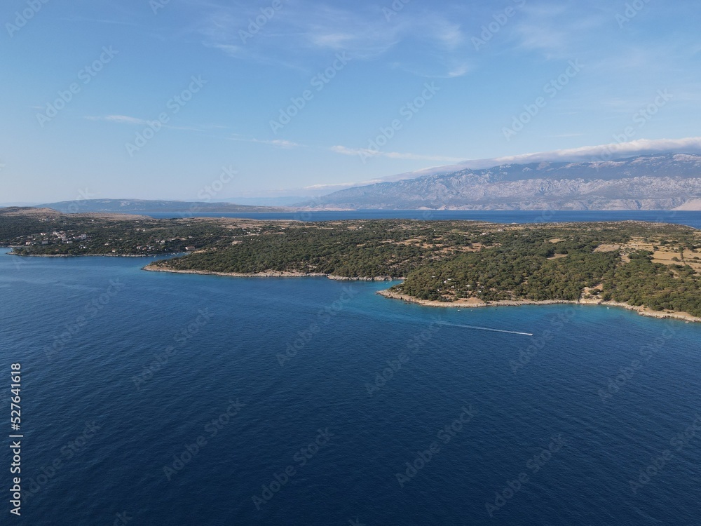 Fototapeta premium Aerial view of Potocnica, Lun and Novalja in island of Pag, archipelago of Croatia. Panoramic drone view of waterfront, idyllic and turquoise sea in Novalja, Adriatic Sea in Dalmatia region. 
