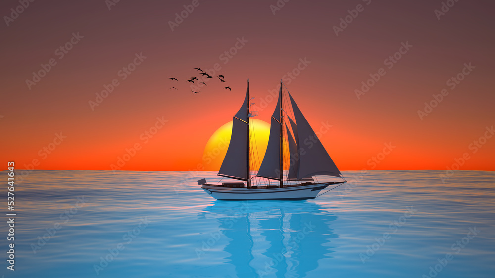 modern sailing yacht in sunset with flying birds