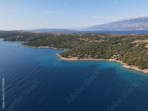 Aerial view of Potocnica, Lun and Novalja in island of Pag, archipelago of Croatia. Panoramic drone view of waterfront, idyllic and turquoise sea in Novalja, Adriatic Sea in Dalmatia region. 