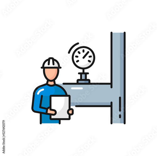 Manometer and oil production control operator, color outline icon. Vector man in hard hat with paper controlling gas fuel transportation in pipelines