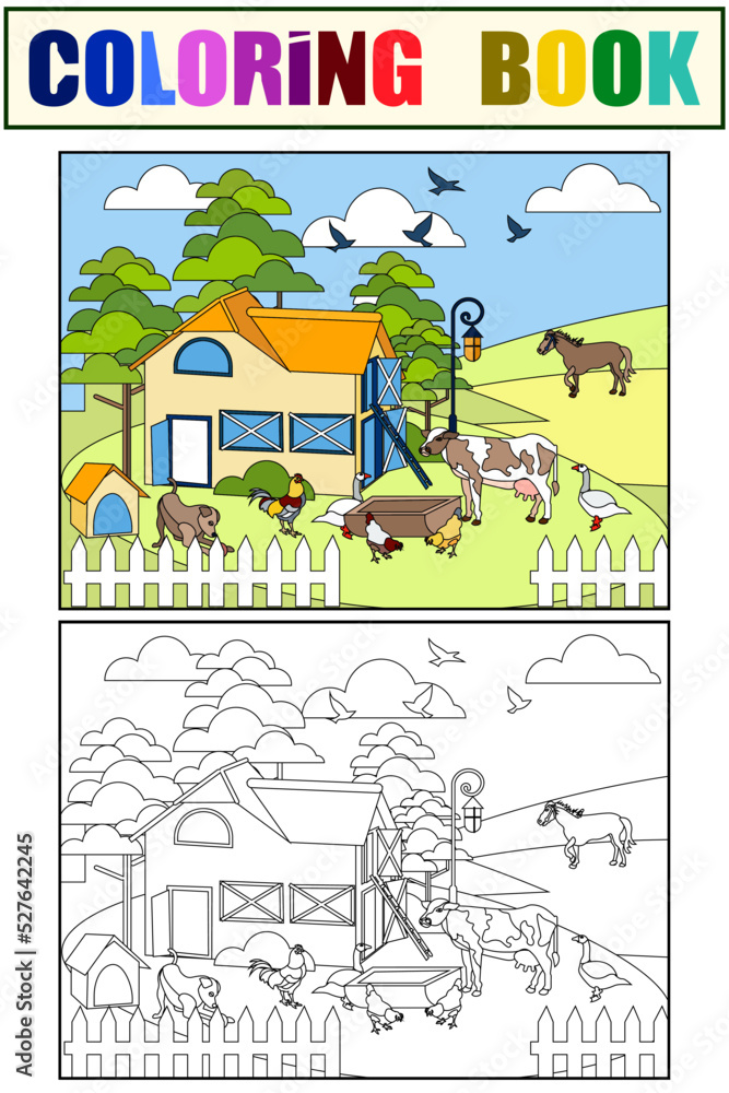 Set coloring book and color picture. Farm animals cow, pig, bird, building, horse, agronomy. In minimalist style