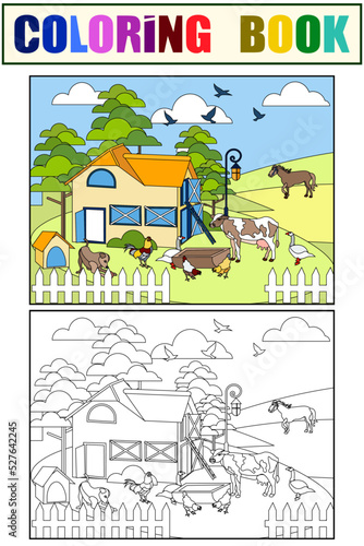 Set coloring book and color picture. Farm animals cow  pig  bird  building  horse  agronomy. In minimalist style