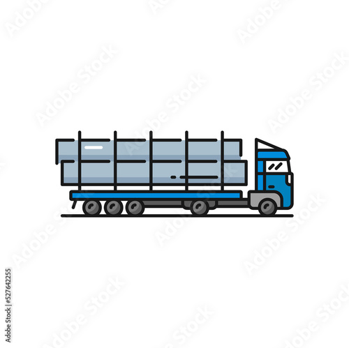 Long vehicle trailer truck oil industry transport. Vector pipeline transportation machine, pipe transporting truck, gas and oil industry transport