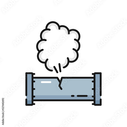 Gas leak in pipeline isolated color outline icon. Vector pressure and leakage in factory piping system, engineering failure, plumbing need to repair
