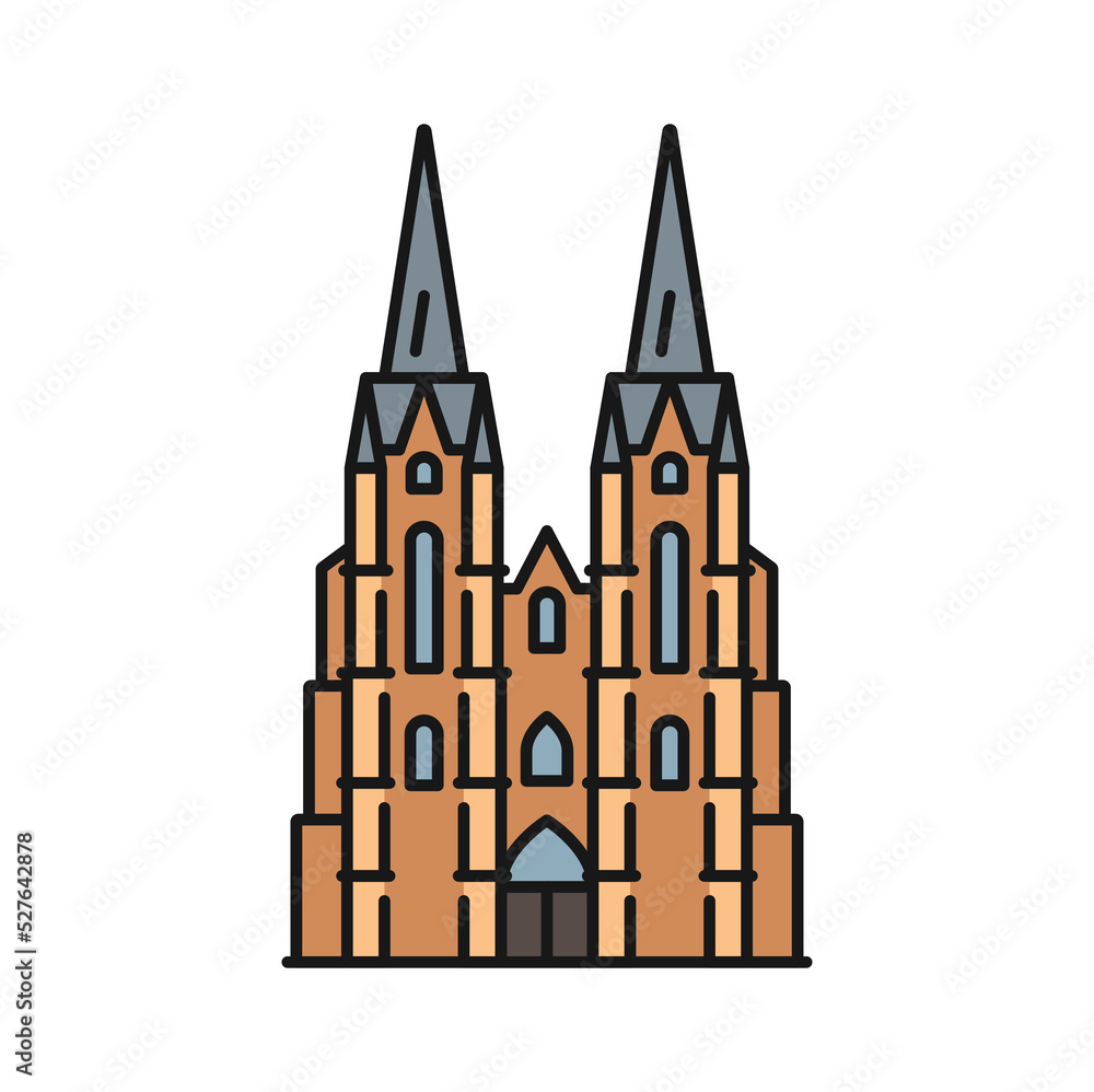 German cathedral isolated color outline icon. Vector vintage cathedral, monument of German Catholicism and Gothic architecture, religion building