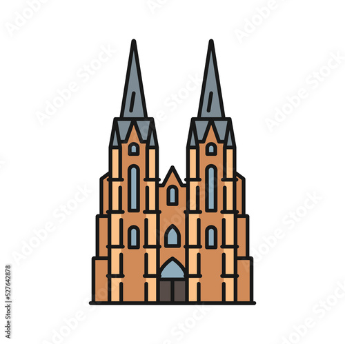 German cathedral isolated color outline icon. Vector vintage cathedral, monument of German Catholicism and Gothic architecture, religion building