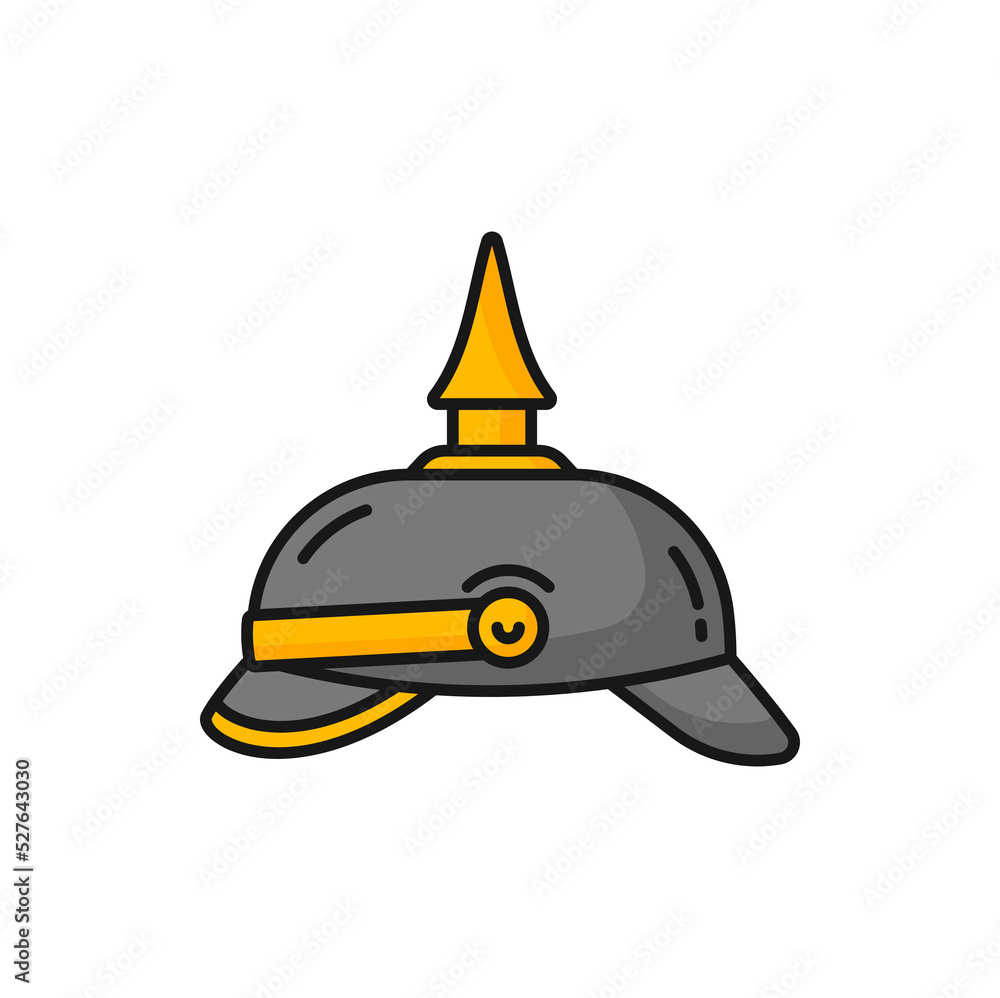 Naklejka premium Military helmet of German army, pickle hub hat isolated color outline icon. Vector Germany army helmet with spike of First World War army