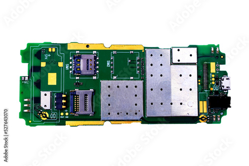 electronic circuit board isolated on white background close-up 
