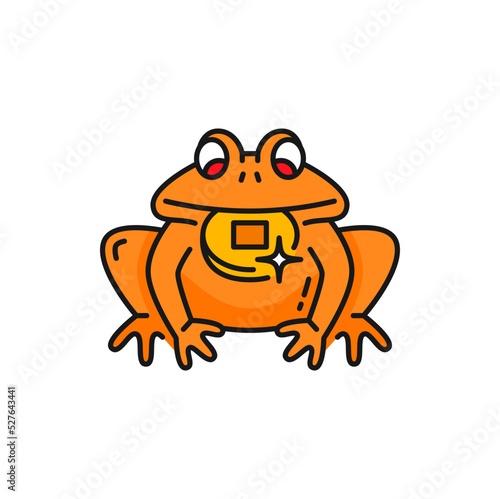 Frog with money coin, chinese Feng Shui symbol color outline icon. Vector Feng Shui charm and prosperity symbol. Jin Zhaocai Chan Chu money road frog