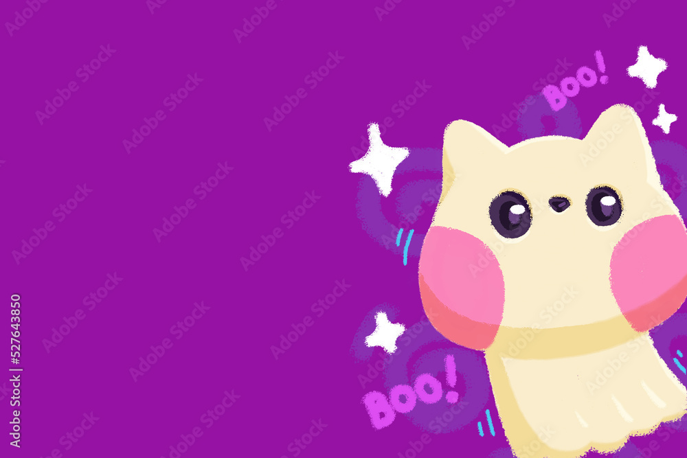 fondo morado con ilustración de gato con traje de fantasma fondo morado con ilustración de gato con traje de fantasma