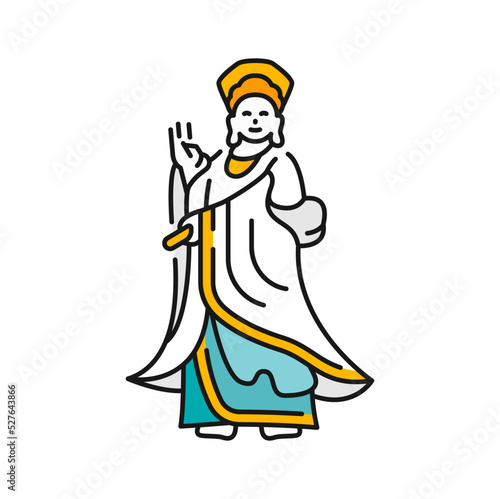 Guanyin, Guan or Kuan Yin goddess statue in China isolated color outline icon. Vector China symbol of travel and tourism, Chinese statue of Tin Hau Temple