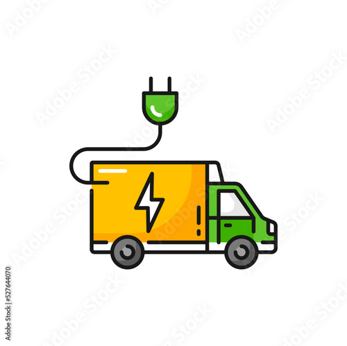 Charge of electric cargo van isolated color icon of charging truck. Vector eco car charge, environment protection transport, ecology friendly hybrid van