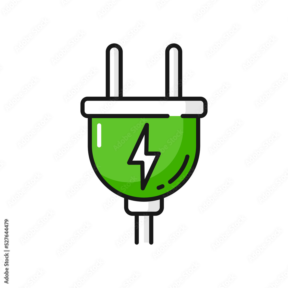 Electric car charging power socket with cable isolated green color icon. Vector thunderbolt and electricity sign. Electrical wire charger sign Electric car charging power socket with cable isolated green color icon. Vector thunderbolt and electricity sign. Electrical wire charger sign