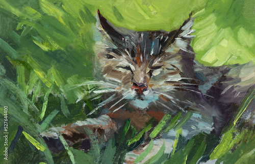 Wallpaper Mural Cat oil painting. Portrait of a kitten sleeping in the green grass. Cute funny pet author's illustration with oil paints. Striped gray cat in the style of impressionism. Modern art. Relax concept Torontodigital.ca