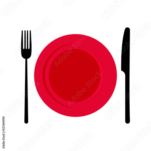 Plate with cutlery fork and knife isolated on white background. Vector.