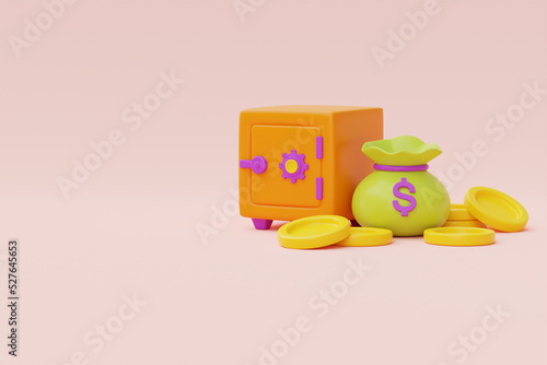 Safe box with dollar coin and money bag on pastel background, money saving concept, Business financial investment, 3d rendering.