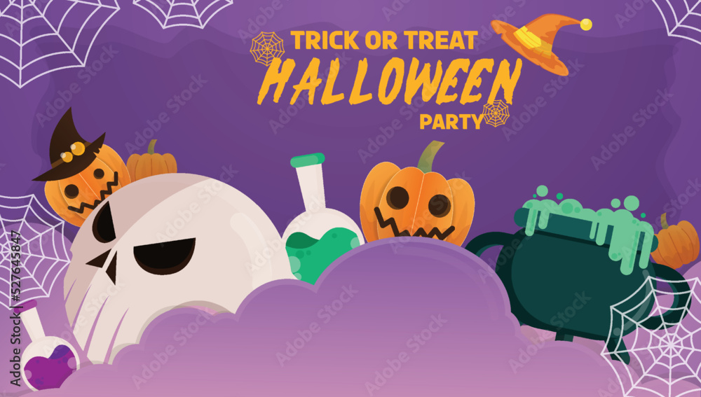 Halloween day. Trick or Treat party. Halloween element Pumpkin, Skull, Spider web, cauldron on Purple background. Template for greeting cards, banner,web design, advertisement.