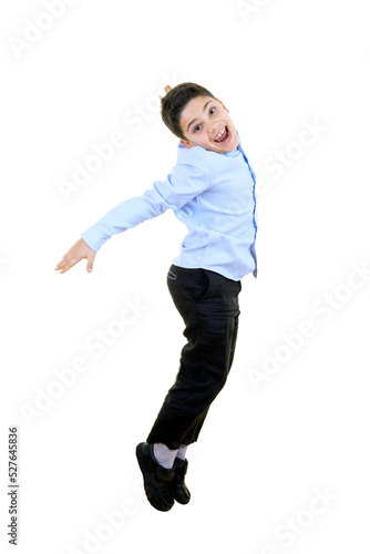 Cute Happy Boy is Jumping Against Isolated White Background