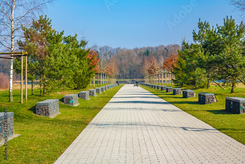 Natural panorama view lake pathway green plants trees forest Germany.