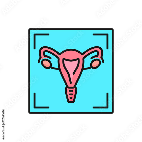 MRI diagnostics, uterus tomography or radiology scan, MRT and CT diagnosis, vector color icon. MRI or magnetic resonance imaging of woman uterus health for cancer or tumor, medical diagnostics