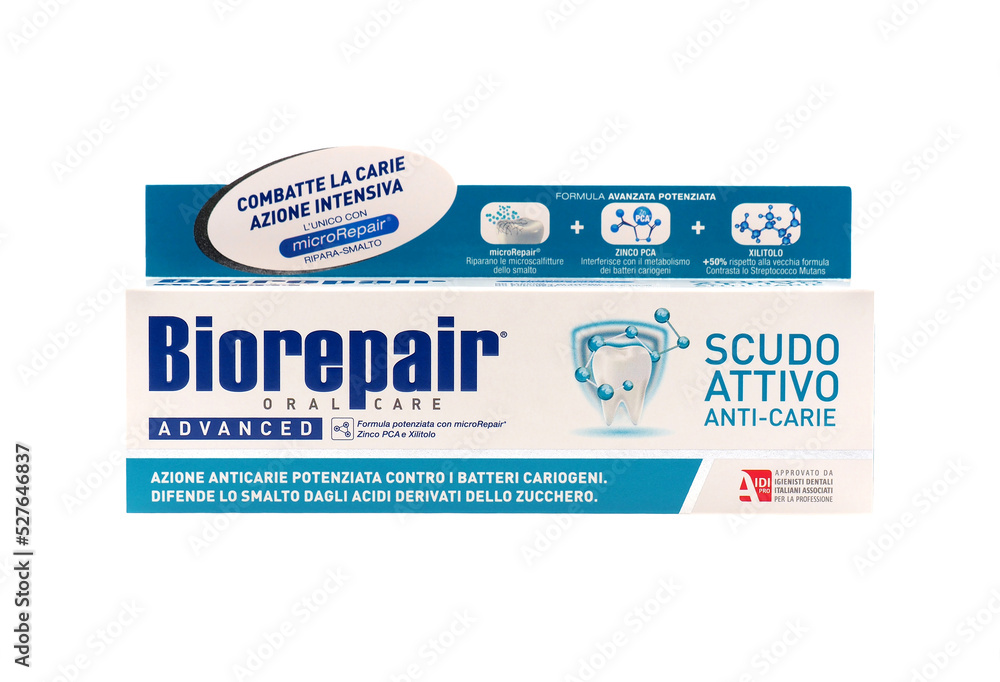 ROME, ITALY - SEPTEMBER 1, 2022. Biorepair advanced toothpaste isolated on  white background. Biorepair was created in 2006 from the collaboration  between Coswell and Professor Roveri from the LEBSC. Photos | Adobe Stock