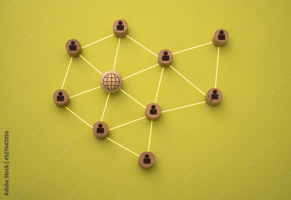 3D illustration of people connection with the network in the form of a mesh represented with wooden pieces on a yellow background