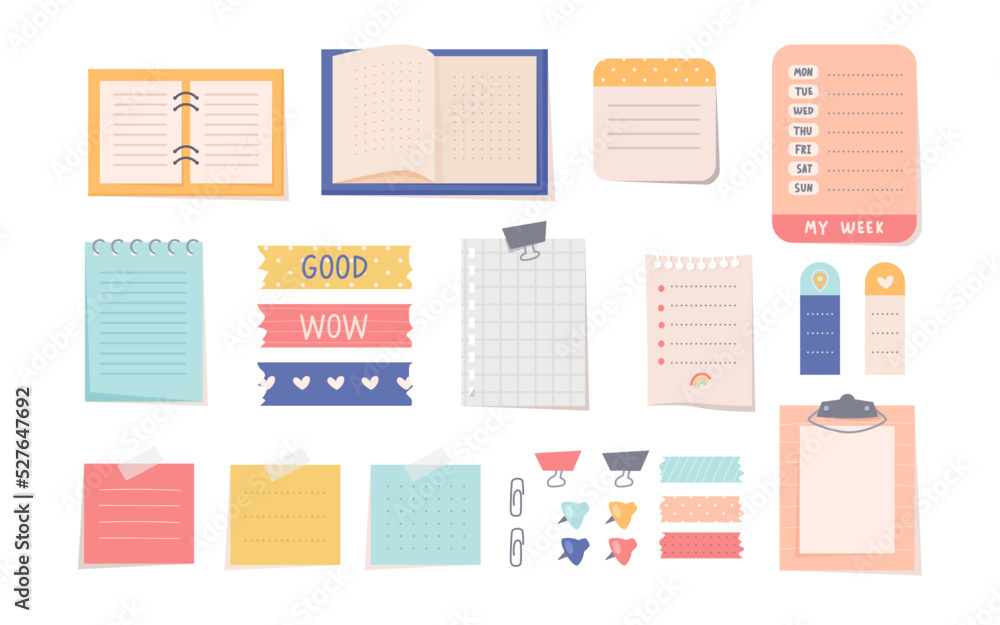 Sticky notes and notebooks flat vector illustrations set. Simple colorful designs of tools for office, diary, taking notes or studying, clips or tongs, dairy. Stationery, back to school concept Sticky notes and notebooks flat vector illustrations set. Simple colorful designs of tools for office, diary, taking notes or studying, clips or tongs, dairy. Stationery, back to school concept