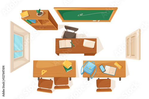 Top view of classroom interior elements vector illustrations set. Cartoon drawings of wooden tables or desks with books and chairs, blackboard for study room in school. Furniture, school concept