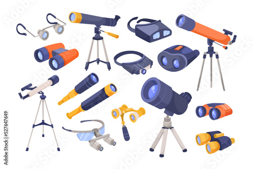 Binoculars and telescopes flat vector illustrations set. Collection of cartoon drawings of optical devices for spies and scientists, night vision telescopes. Equipment, search, astronomy concept